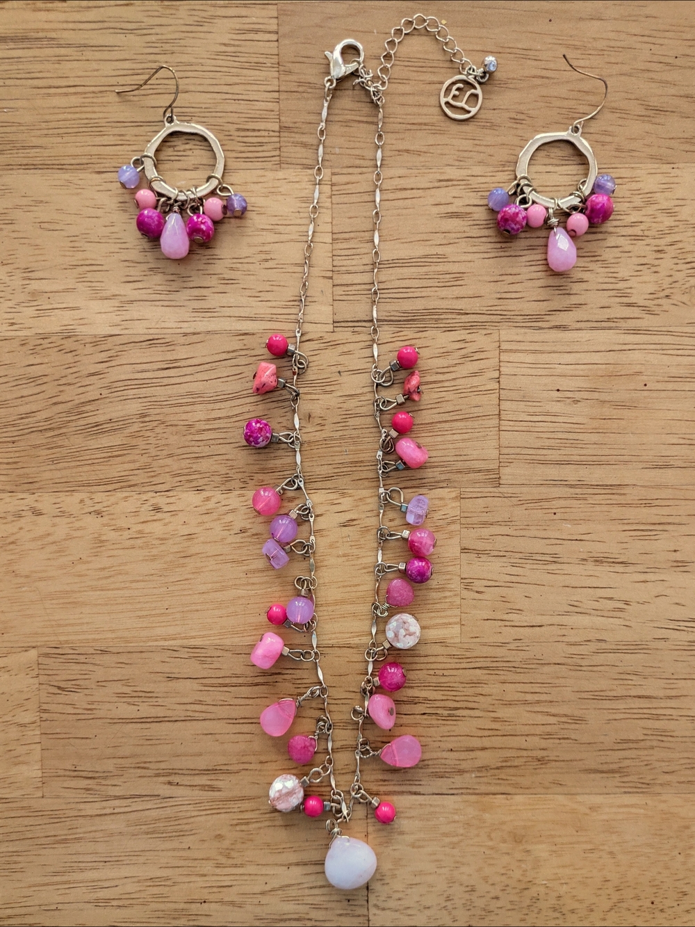 Women's Pink Beaded Necklace and Earrings Set